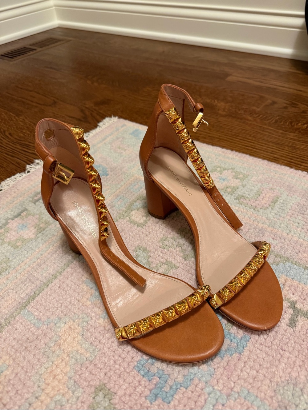 Stuart Weitzman Brown Leather Gold Stud Sandals